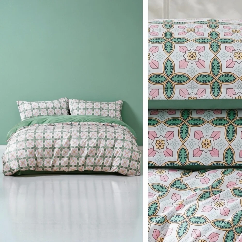 NEW Anthro Green Pink Paisley Retro Pattern Queen King Bedding Duvet & Sham Set